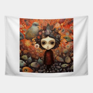 Enchanting Harmony Colorful Girl with Bird and Fish Art Print Tapestry