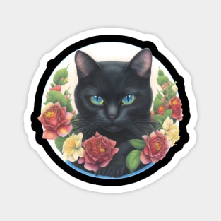 black cat with flowers Magnet