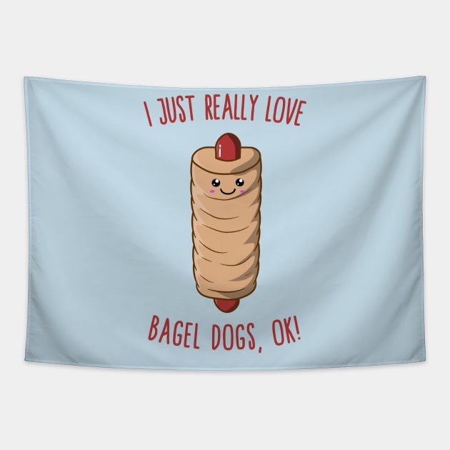 I Just Really Love Bagel Dogs, Ok! Kawaii Bagel Dog Tapestry by KawaiinDoodle