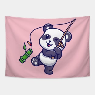 Cute Panda Fishing Bamboo Cartoon Tapestry