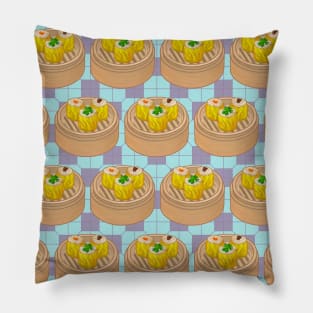 Dim Sum Funky Hong Kong Street Food with Sky Blue and Dusty Pink Tile Floor - Pop Art Pillow