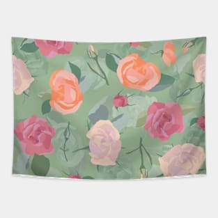 Blended Floral Roses in Orange Fuchsia and Green Tapestry