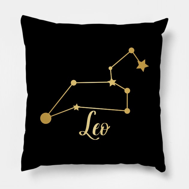 Leo Zodiac Constellation in Gold - Black Pillow by Kelly Gigi