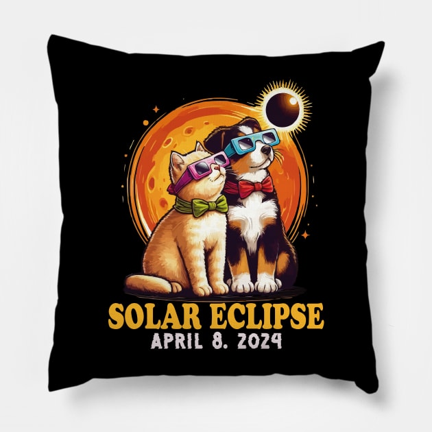 Solar Eclipse April 2024 Dog and Cat Wearing Solar Eclipse Glasses Pillow by JUST PINK