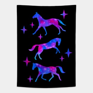 Nebula Watercolor Horses (Black Background) Tapestry