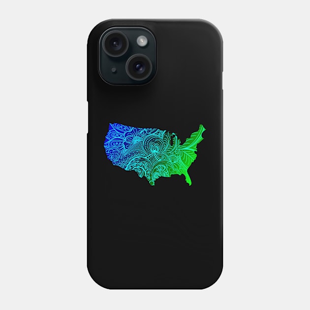 Colorful mandala art map of the United States of America in dark blue and green with cyan Phone Case by Happy Citizen