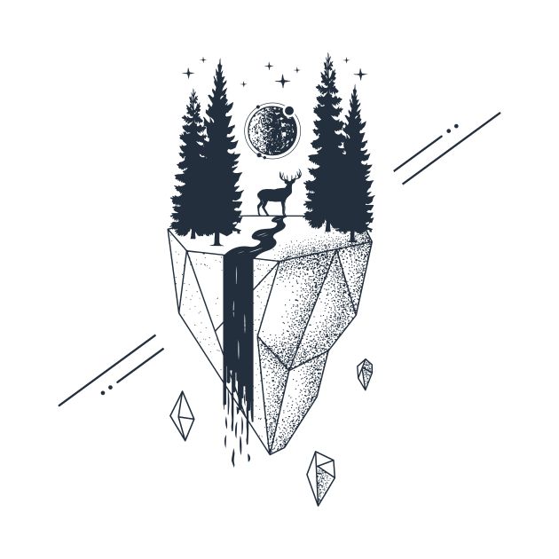 Creative Illustration In Geometric Style. Nature, Deer, Forest And River by SlothAstronaut