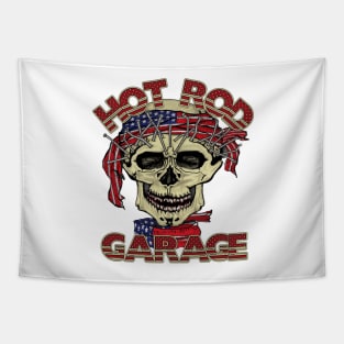 Hot Rod Garage - Skull - American Flag Tapestry