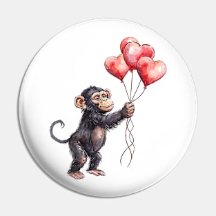 Valentine Chimpanzee Holding Heart Shaped Balloons Pin