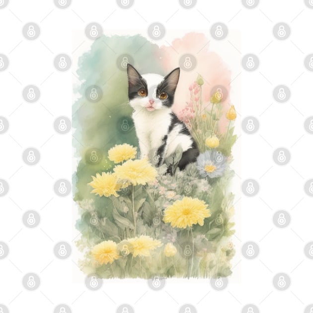 Black-white Cat in the Flower Garden Soft Pastel Colors by Stades