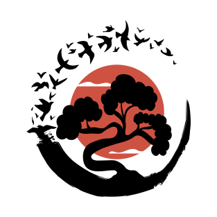 Bonsai Tree in Enso Circle Birds T-Shirt