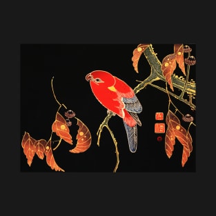 RED PARROT ON A BRANCH OF A TREE Antique Japanese Floral T-Shirt