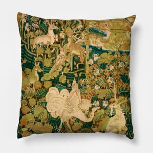 UNICORN AND WHITE GRYPHON, WILD ANIMALS, FANTASY FLOWERS Blue Green Gothic Floral Pillow