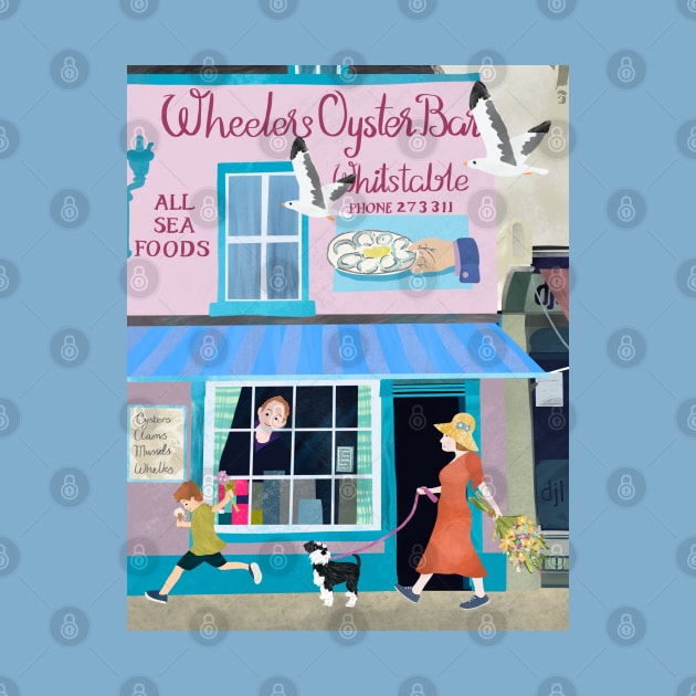 Paper cut art collage Wheeler’s Oyster Bar Whitstable with Schnauzer by NattyDesigns