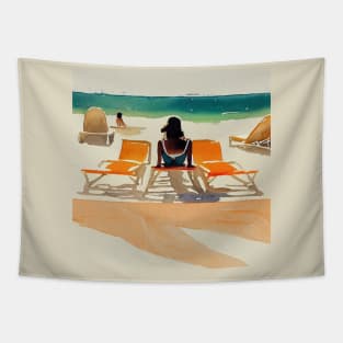 Sunbathing woman at the beach Tapestry