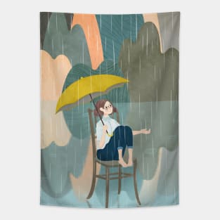 Lonely Girl In Rain Day Tapestry