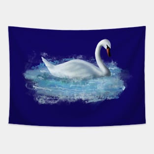 White Swan Swims In Blue Water Tapestry