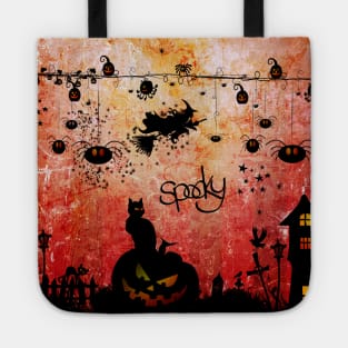 Funny halloween design, cat, pumpkin and witch Tote