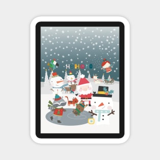 Fun greeting card with Santa and friends having a Christmas party outside Magnet