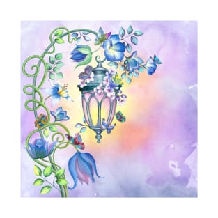 Magic streetlight with flowers and butterflies decoration. Fairy spring garden watercolor illustration. Colorful romantic scenery T-Shirt