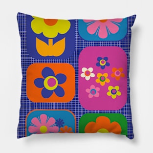 Retro Flower Patch Cute Colorful Vintage Aesthetic Flowers on Blue Pillow