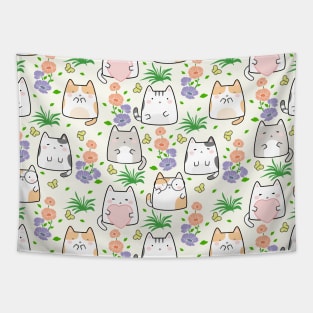 Seamless Pattern Flowers Butterflies Cute Kawaii Cats Tapestry