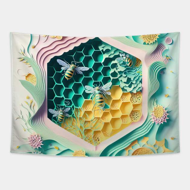 bee nest papercut design Tapestry by Maverick Media