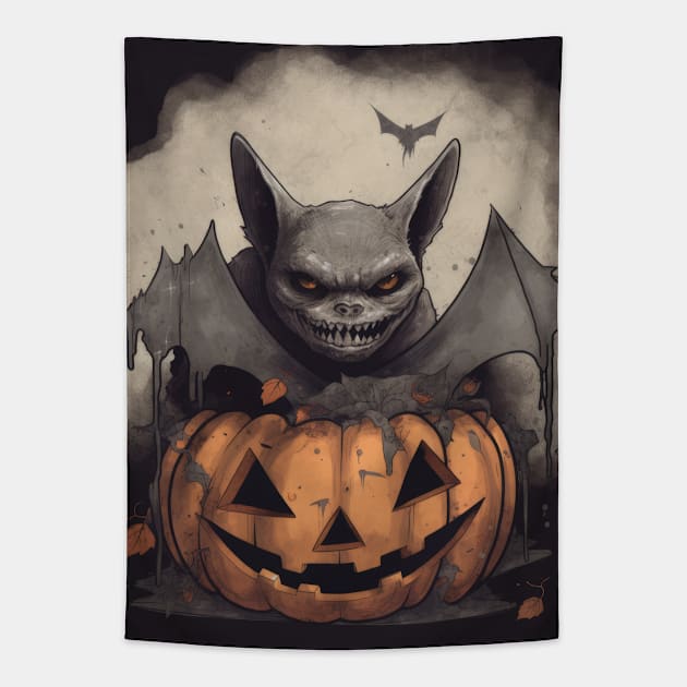 a bat with bat wings and a pumpkin Tapestry by Alekxemko