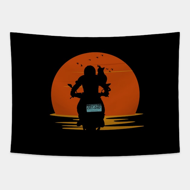 BIKER CAT DAD BEAUTIFUL SUNSET AND FLYING BIRDS Tapestry by DAZu