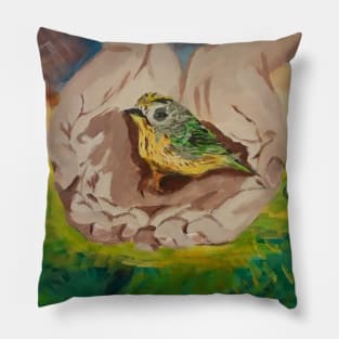 A Fragile Bird Held By Large Unseen Hands Pillow