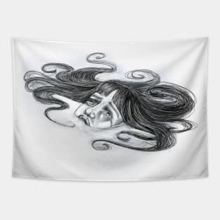 crying girl hand drawn pencil portrait Tapestry