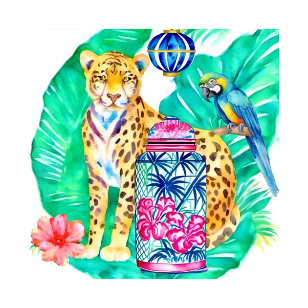 Preppy cheetah, macaw parrot and chinoiserie jar watercolor by SophieClimaArt