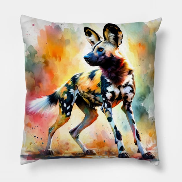 Savanna Symphony: Vibrant African Wild Dog Watercolor Pillow by Aquarelle Impressions