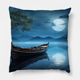 Tranquil Water Boat Serene Landscape Pillow