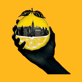 A hand holding a city inside a lemon T-Shirt