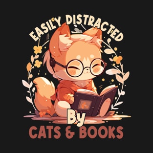 Easily Distracted by Cats and Books Funny Cat Lover T-Shirt