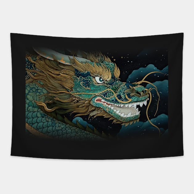 Ukiyo-e Japanese Art - Fantasy Green Dragon Tapestry by allovervintage