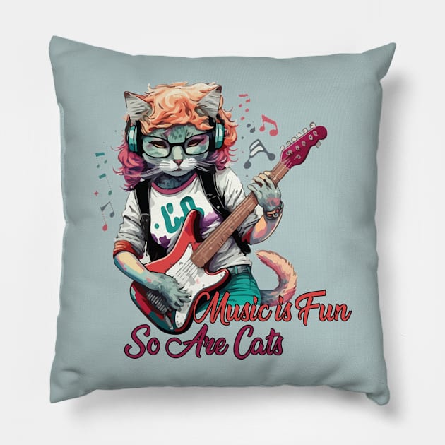 cat music slogan -  musician cat plays guitar Pillow by MusicianCatsClub