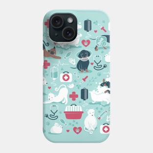 Veterinary medicine, happy and healthy friends // aqua background red details navy blue white and brown cats dogs and other animals Phone Case