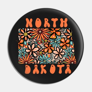 North Dakota State Design | Artist Designed Illustration Featuring North Dakota State Outline Filled With Retro Flowers with Retro Hand-Lettering Pin