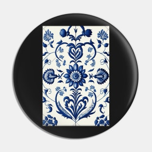 Floral Garden Botanical Print with Delft Blue and White Pin