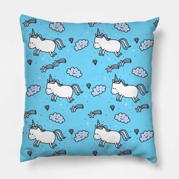 Unicorn kids blue Pillow by Bomdesignz