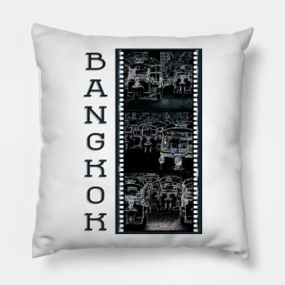 Bangkok - Tuk Tuks At Night - Abstract Triptych Illustration With Film Strip Framing Pillow