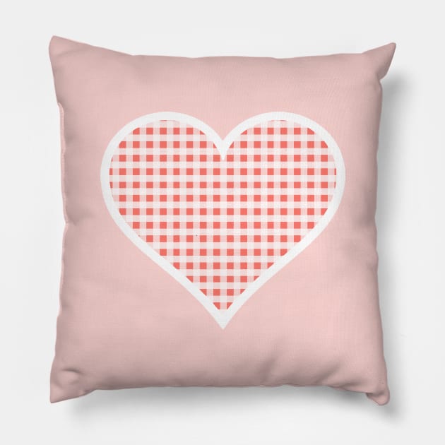 Coral and White Gingham Heart Pillow by bumblefuzzies