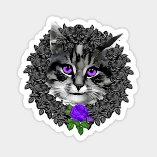 Cat Purple Rose Wreath Magnet