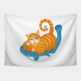 Orange tabby cat and blue catfish floating in a sea of joy Tapestry