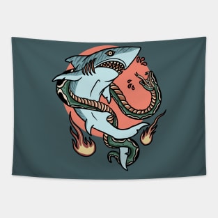 Vintage Tattoo Design Featuring Shark Versus Snake Tapestry