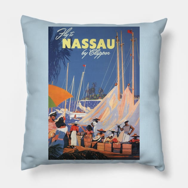 Vintage Bahamas Travel Poster, Nassau by Clipper Pillow by MasterpieceCafe