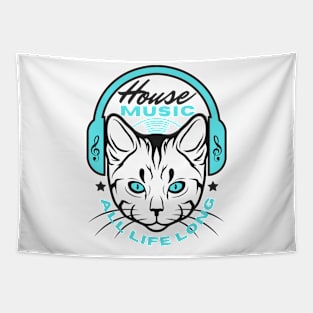 HOUSE MUSIC  - Headphone Cat (Blue/Black) Tapestry