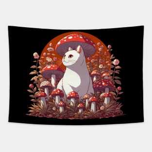 Funny Vintage White Cat in Mushroom Garden Tapestry